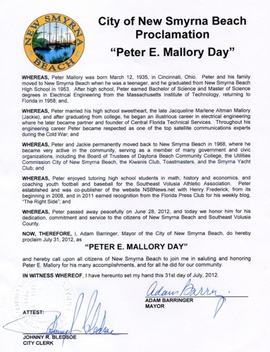Peter Mallory Day in New Smyrna Beach